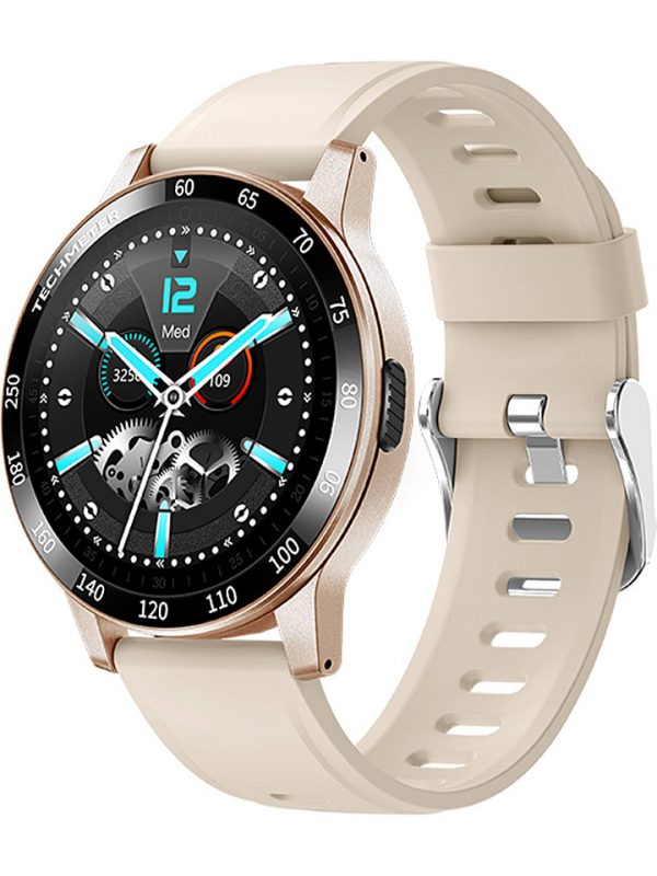Smartwatch w kolorze beżowo-różowozłotym.