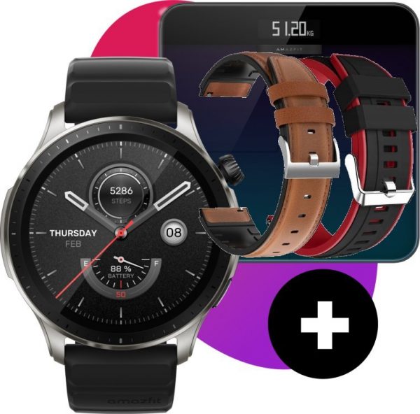 Smartwatch Amazfit GTR 4 Black + Waga Smart Scale + 2 wymienne paski.