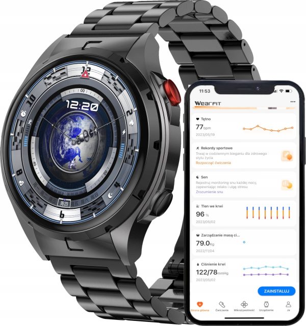 Smartwatch Wenom Smartwatch Męski Zegarek AMOLED Czarny Tętno Ciśnienie Smart Watch Sport.