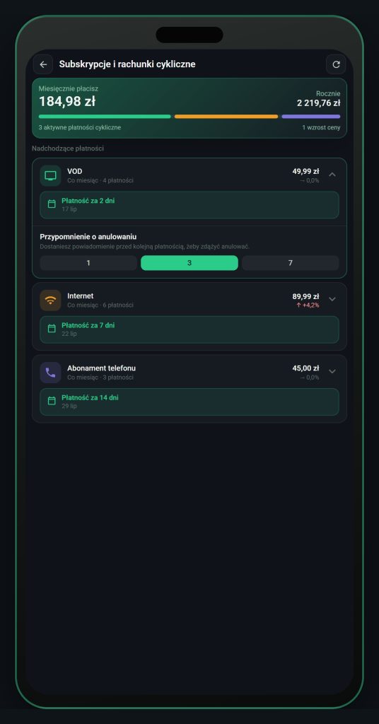 Smart Bill Reminder — lista rachunków i terminy na Androidzie